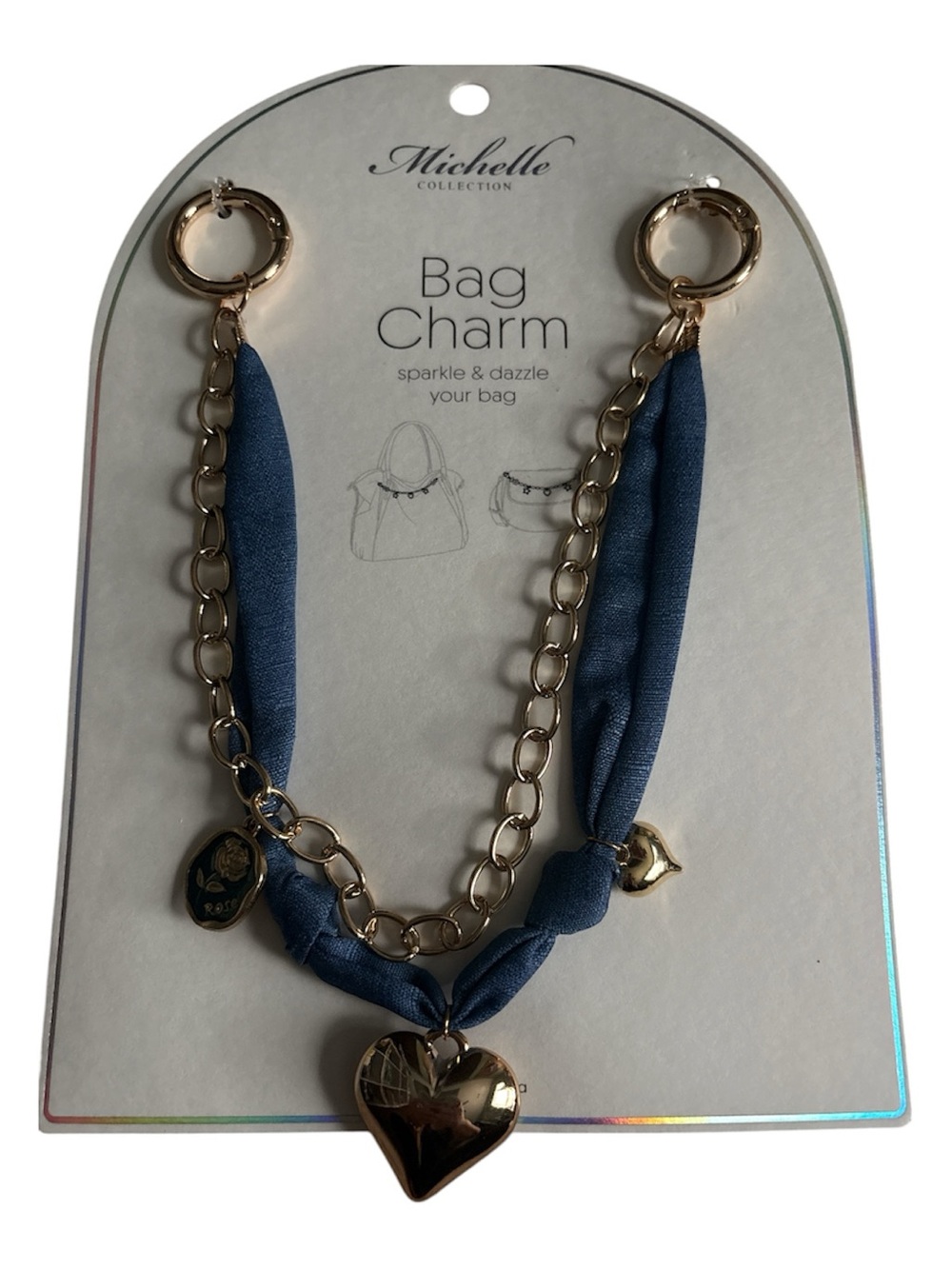 Blue Fabric & Gold Heart Bag Charm